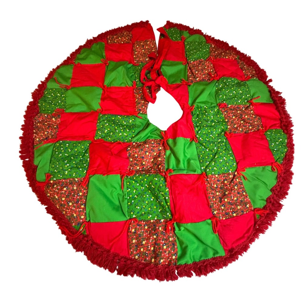 Quilted Christmas Tree Skirt Red Green Patchwork Fringe holiday quilt gift
